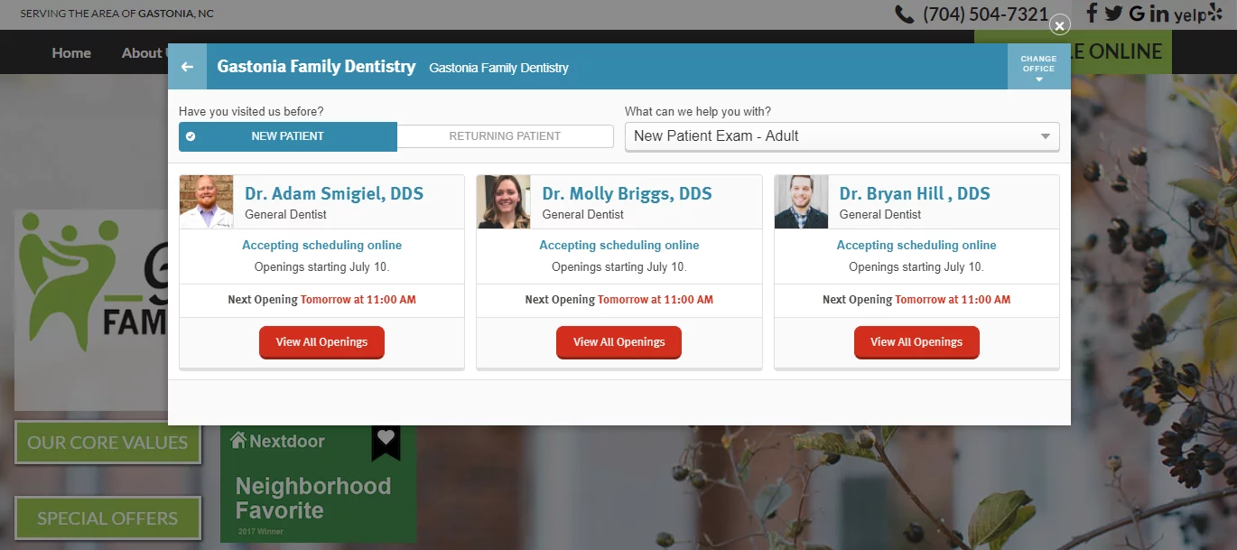 Screenshot of online scheduling option for a dental website